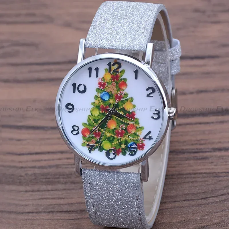 Для женщин и девочек снежинка блестящий большой циферблат Рождественская елка Санта-олень наручные часы кожаные кварцевые часы Рождественский подарок