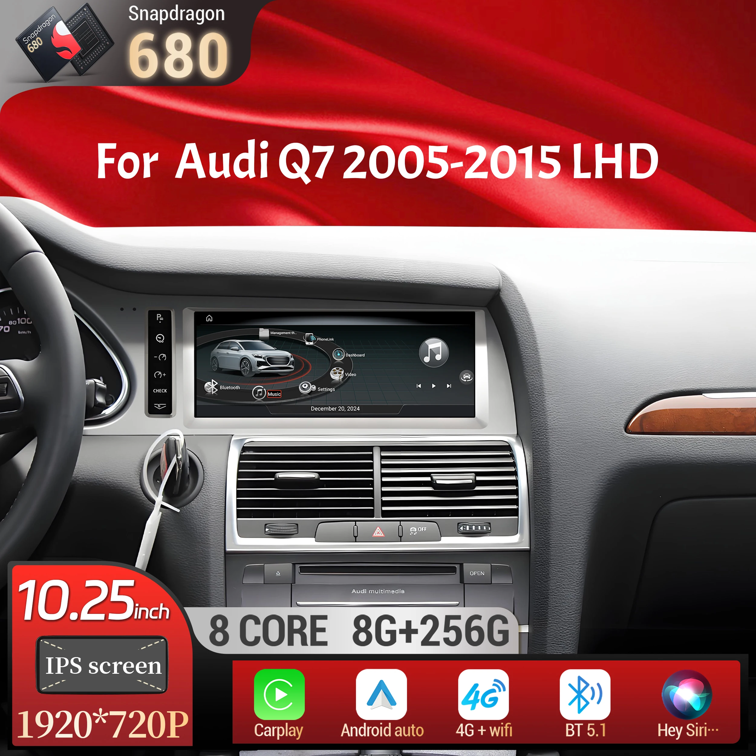 10.25 inch Android 13 Left Hand Drive Car Radio For Audi Q7 2005-2015 Wireless Carplay Qualcomm Snapdragon 680 Head Unit Screen