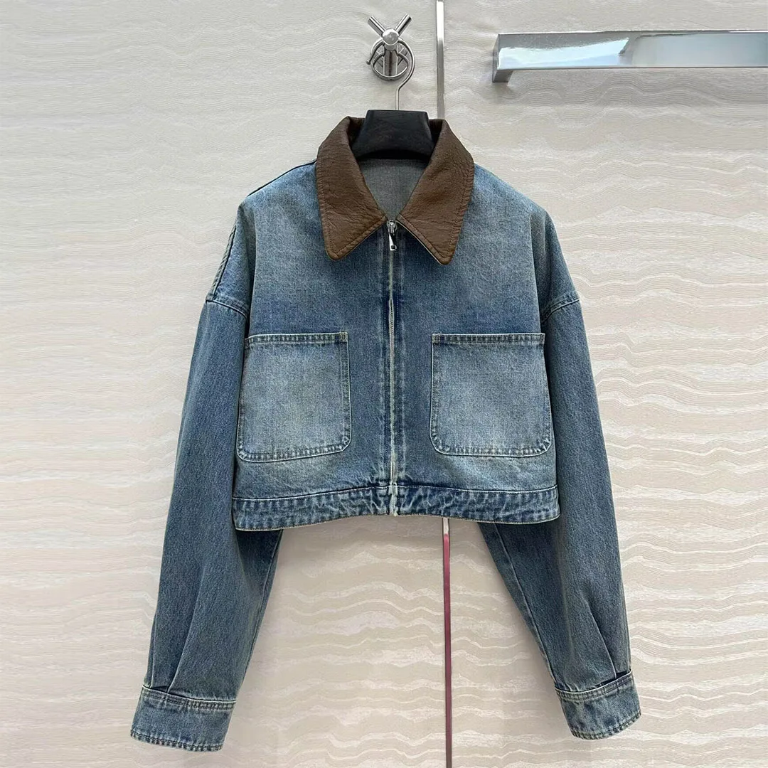

New Autumn Vintage Patchwork Leather Lapel Zipper Long Sleeve Short Design Washed Blue Denim Jacket Women Pockets Loose Coat