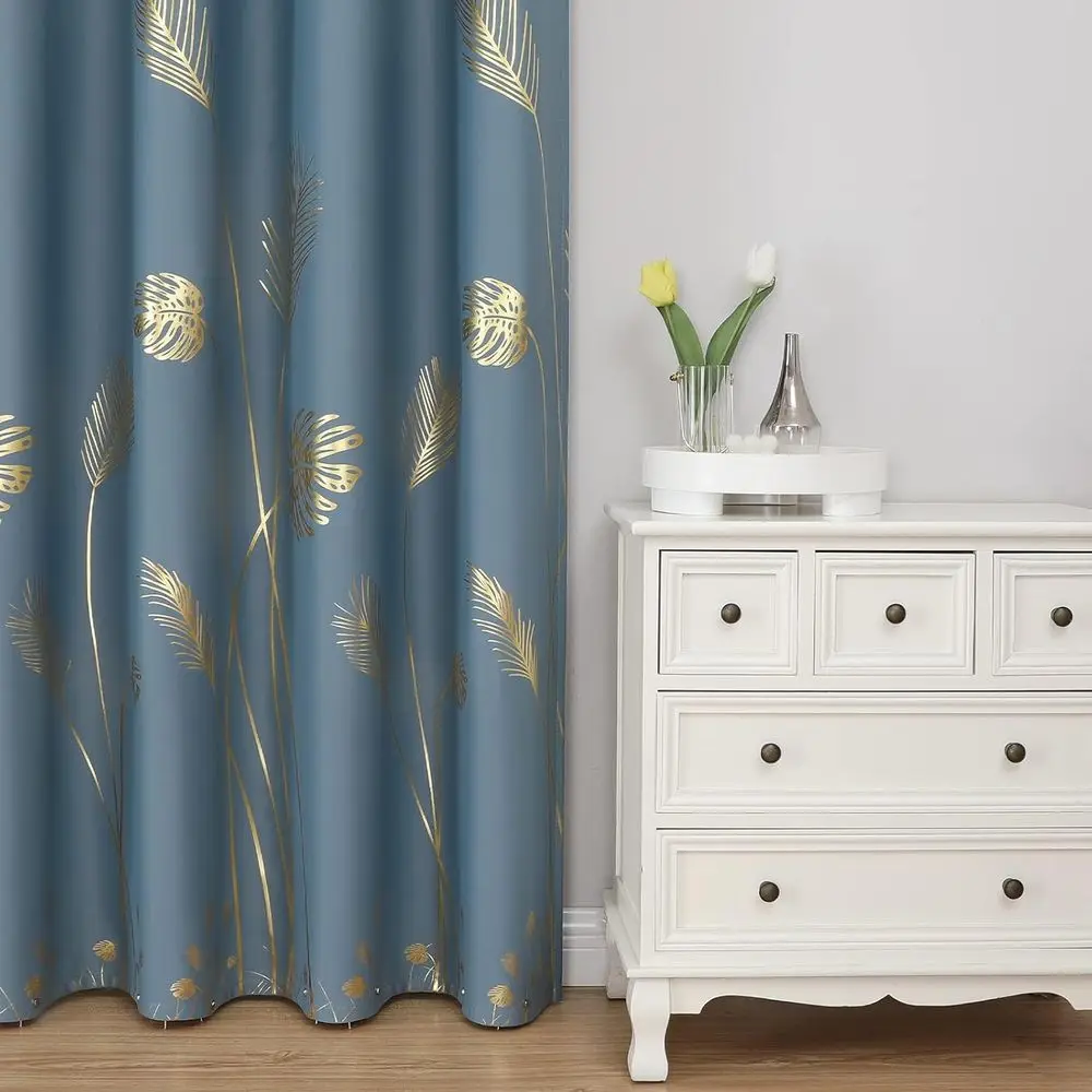 골드 팜 트리 프린트 암막 커튼, 96인치 길이, 단열, 52x96, 침실 및 거실용 2패널 세트