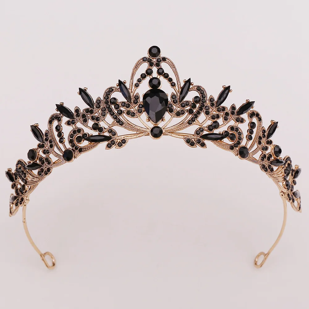تاج الزفاف الباروكي الكلاسيكي الأسود لوكس كريستال - غطاء رأس التاج الملكي لحفلات الزفاف وحفلات أعياد الميلاد والمناسبات الرسمية