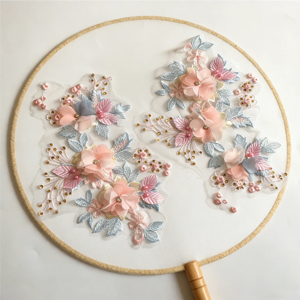 1 Pair Pink 3D Flower Rhinestone Beads Embroidery Patch Fabric Sewing For Wedding Decoration Dress DIY Repair