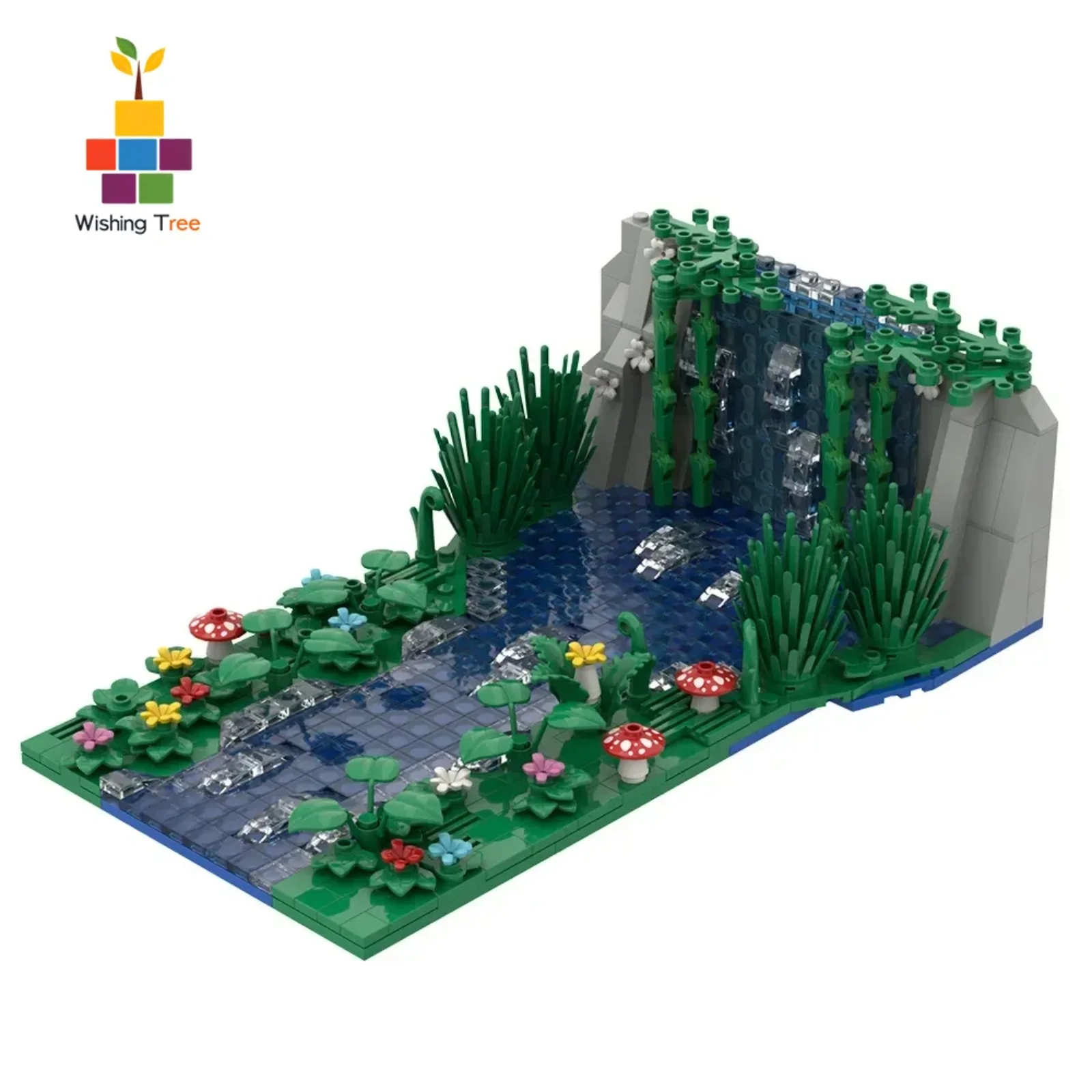 647pcs Waterfall MOC Building Blocks Set with Pond Mushroom Flowers Creative Assembled Bricks Educational Kids Toy Gift