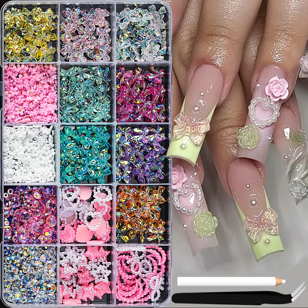 6/12/15 rejillas 3D lazo mixto flor estrella Luna Nail Art colgante Y2K Kawaii Rosa blanco perla forma de corazón adorno de uñas accesorios DIY