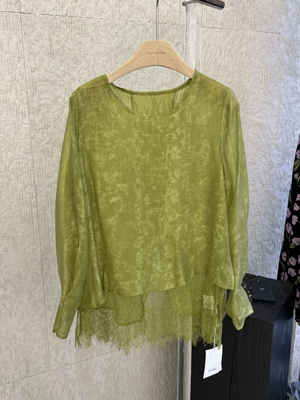 

Women's Long Sleeve Chiffon Shirt Back Cross Slit Design Double Layer Lace Mesh Casual Loose Fit Spring Summer Fashion