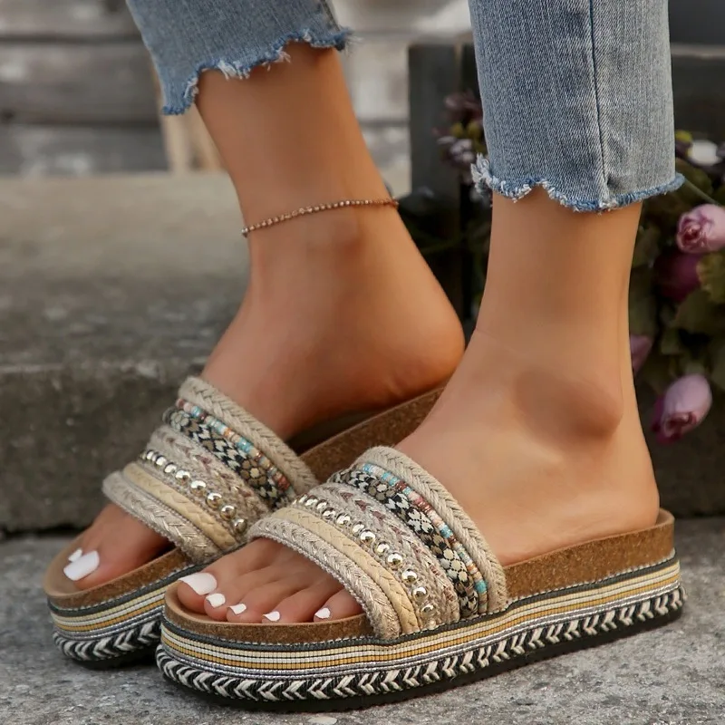 New Summer Ladies Slippers Outdoor Beach Sandals Bohemian Ethnic Style Handmade Espadrilles Platform Slippers Flip Flops Women