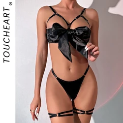 Toucheart 3 Piece Set Erotic Underwear Solid Color Bow Knot Hollow Out Sexy Underwear For Women Sexy Bra Garter Lingerie Set New