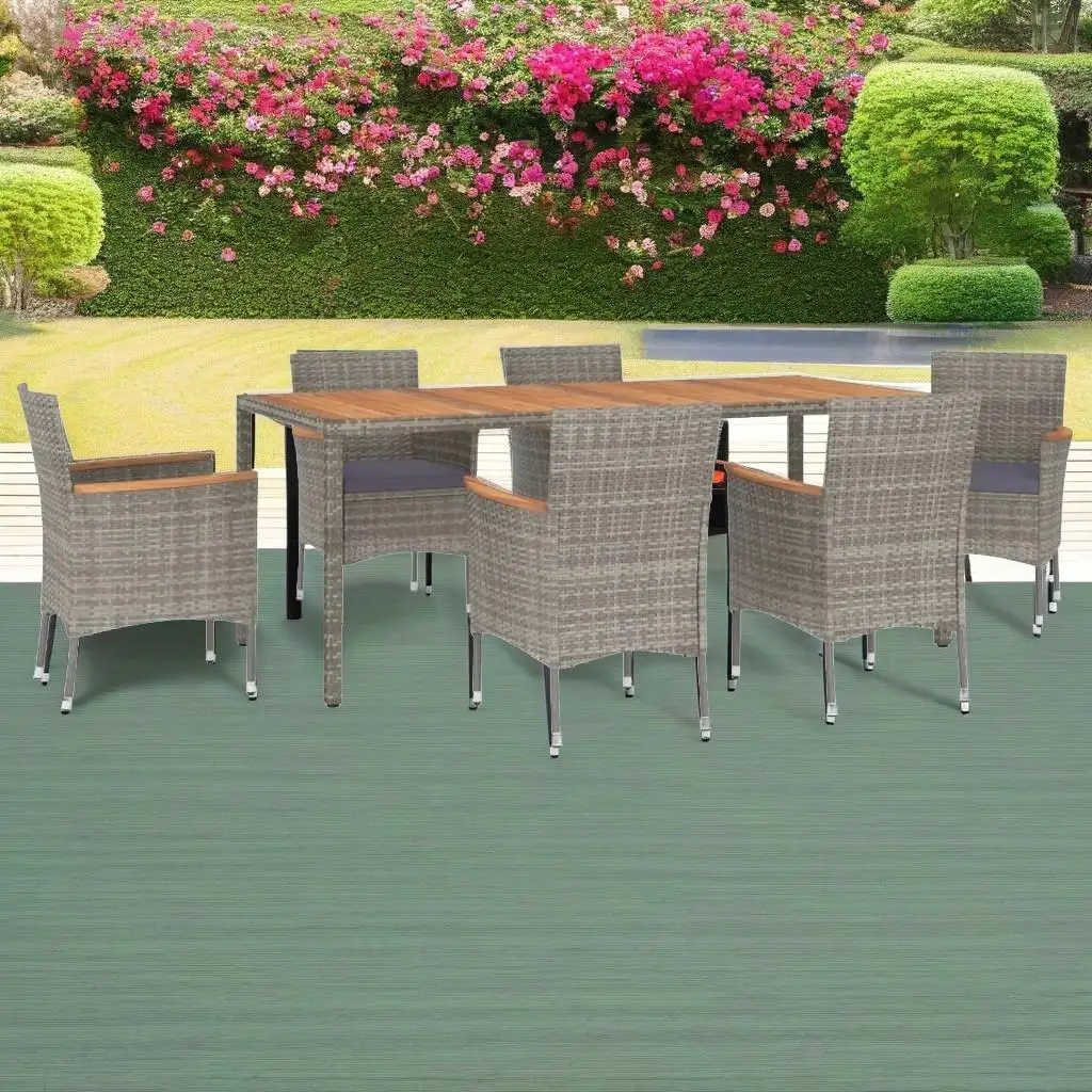 

7-Piece Gray Poly Rattan Patio Dining Set with Cushions - Outdoor Furniture