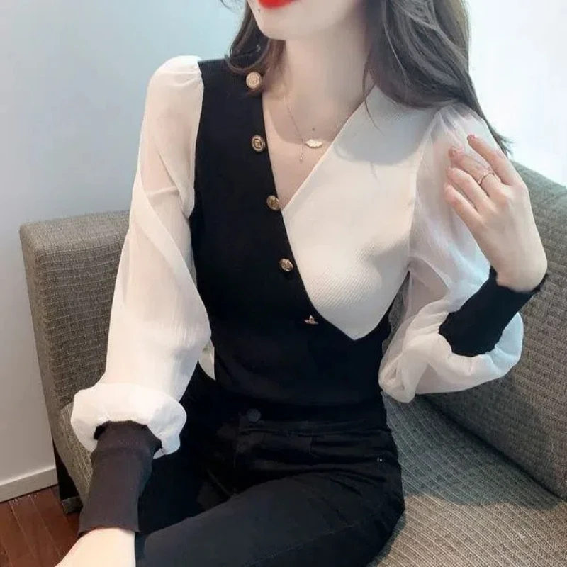 Korean Patchwork Chiffon Long Sleeve Slim Tops Spring Autumn New Elegant V Neck Split Hem T Shirts Temperament Women Clothing