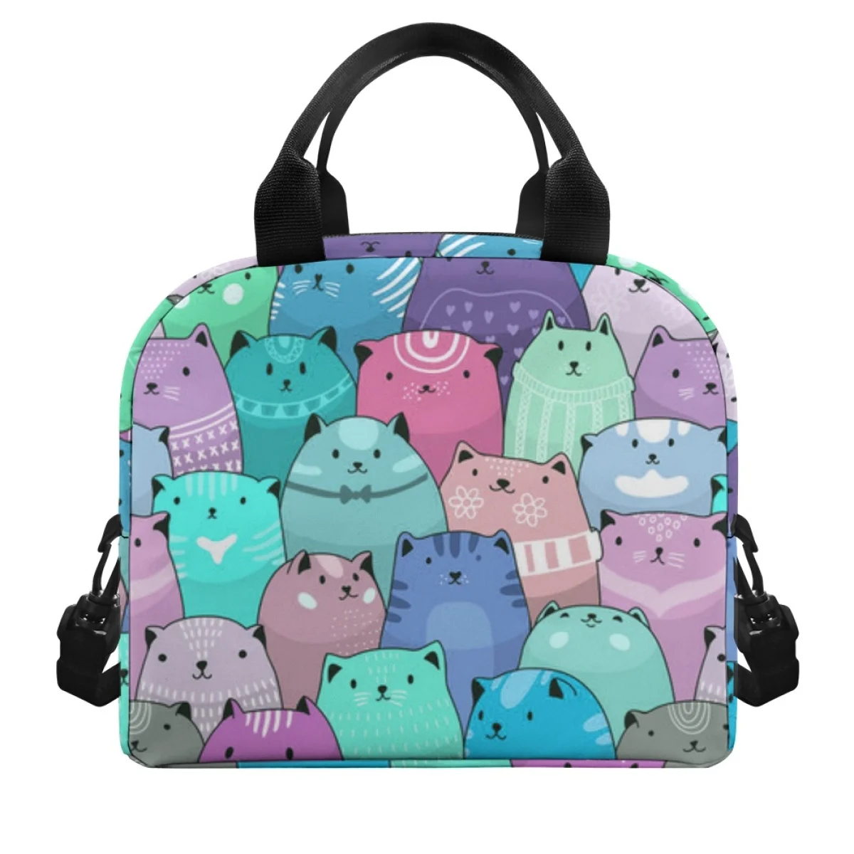 Kawaii Candy Cat Pattern Woman Men Large Capacity Insulated Lunch Bag Dirt Resistant Ladies Comfort Handle Convenience Handbag