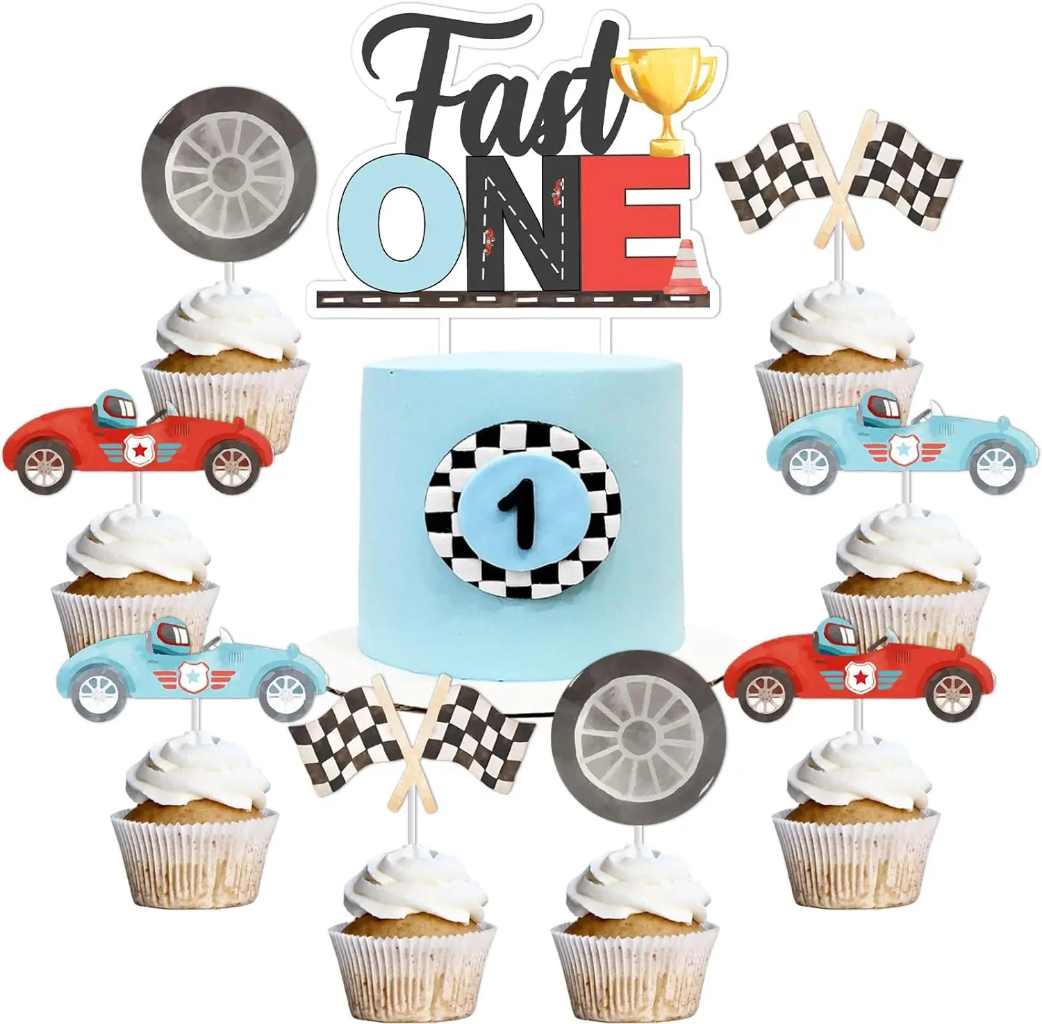 

Vintage Fast One Birthday Decor 25pcs Race Car 1st Birthday Cupcake Toppers Cake Decor for Retro Race Car Let's Go Racing Party