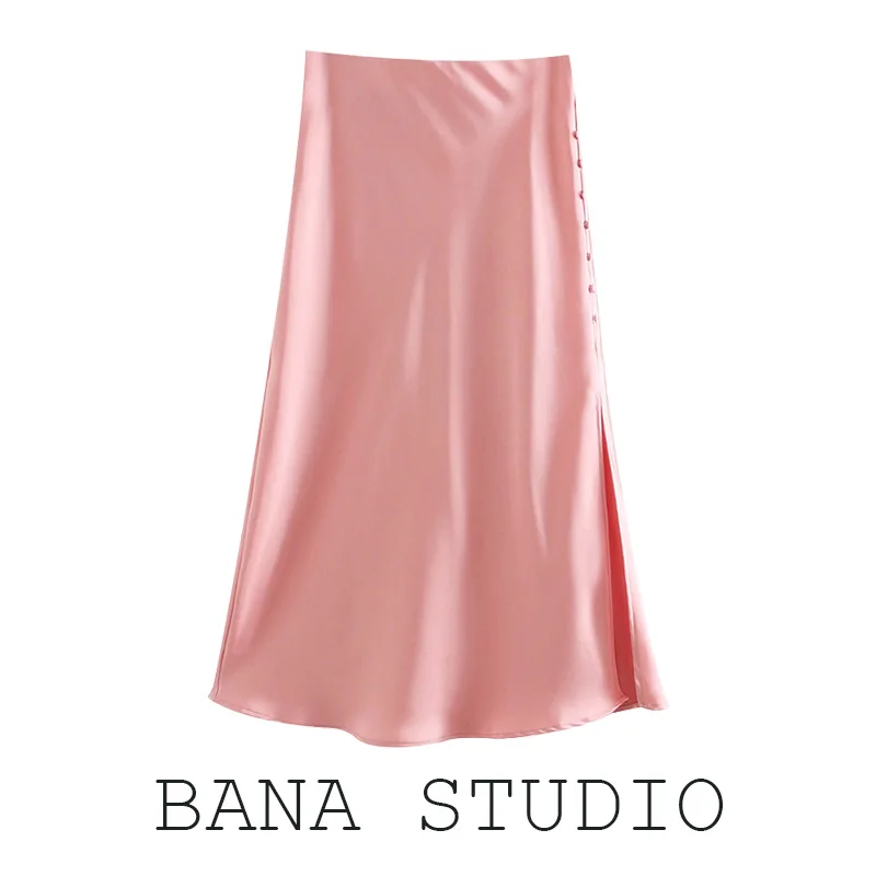 High Waist Long Skirt Single Button Asymmetrical Hem Pure Color Satin like Half Body Dress Street Style a Line Silhouette