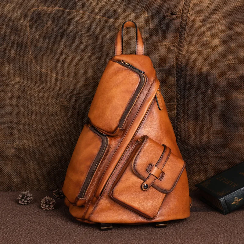 Men\'s Chest Bag Genuine Leather Man Single Shoulder Messenger Bag Male Sling Chest Pack 2 Use Travel Backpack Summer Bags