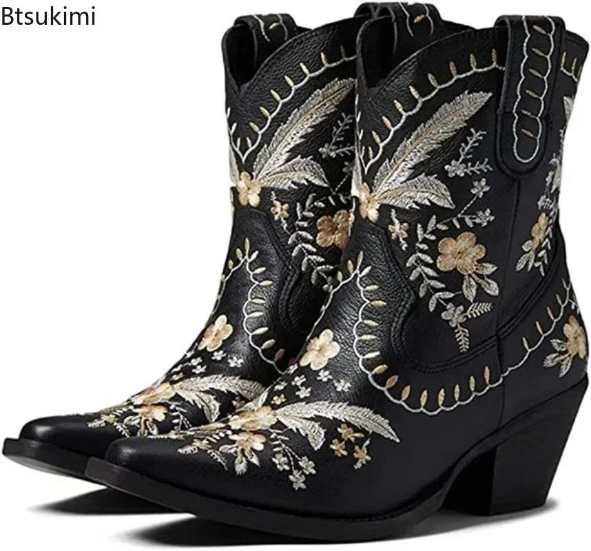 New 2024 Embroidered Western Boots For Women Ankle Bootie Cowboy Cowgirls Flower Print Fashion Chunke Heel Slip On Ankle Boots