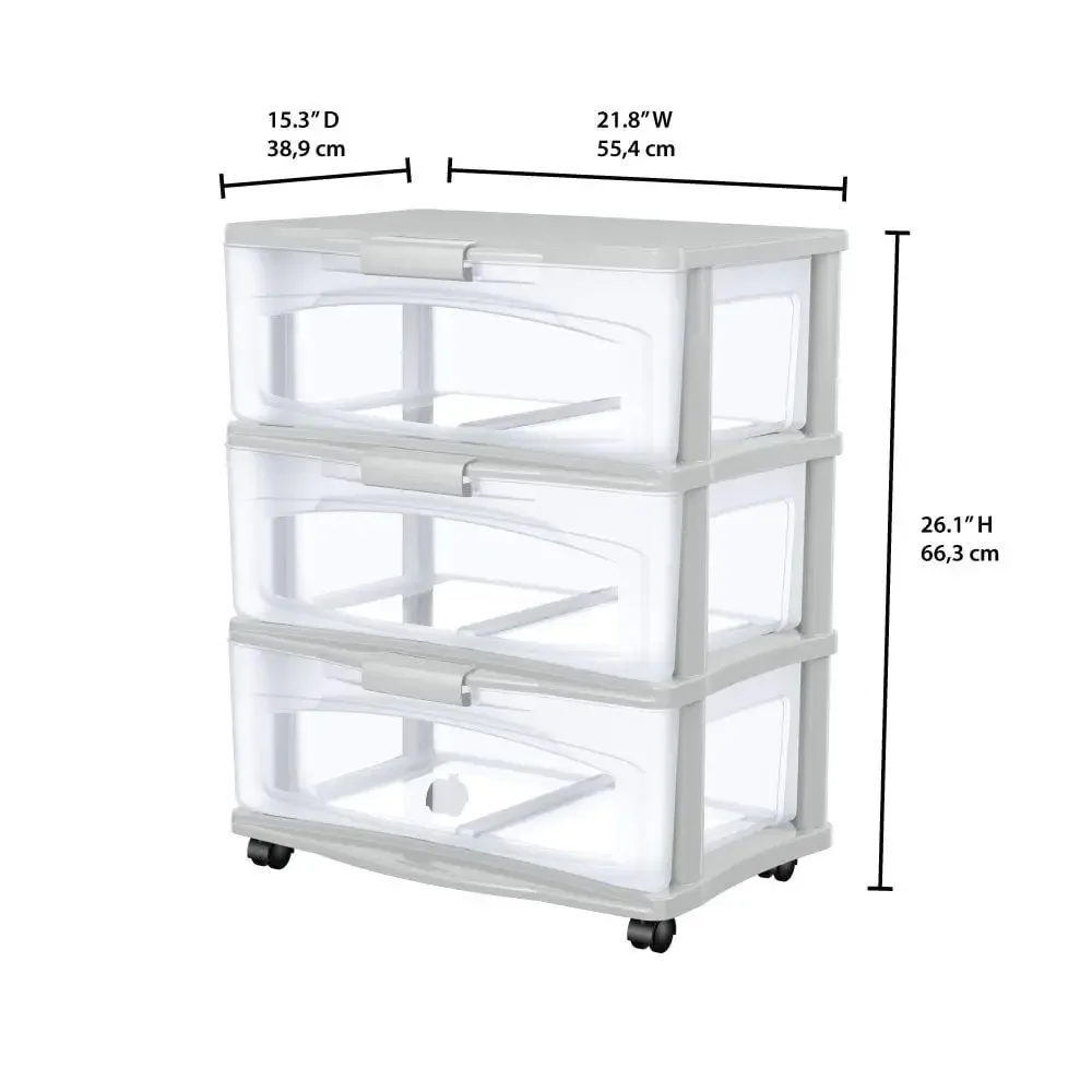 3-Drawer Wheeled Plastic Storage Cart Durable & Lockable Craft Office Cosmetics Pearl Silver Black