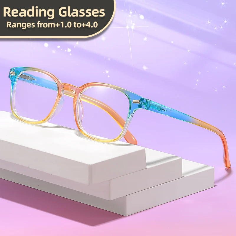 Oyalie Multi-Color Gradient Reading Glasses, Transparent Gradient, Colorful and Contrasting Colors, Suitable for Matching Outfits, Elastic Hinge, Expands for a Larger Fit, Modifies the Face Shape, Transparent Lenses for Clear Vision, Reading Glasses with Prescription Coverage from +1.00 to +4.00 Degrees