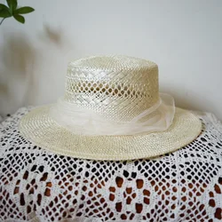 Weave Sisal Straw Hat with Mesh Deco Wide Brim Luxury Designer Panama Hat Hollow Style Summer Rancher Hat Sun Fedora Beach Hat