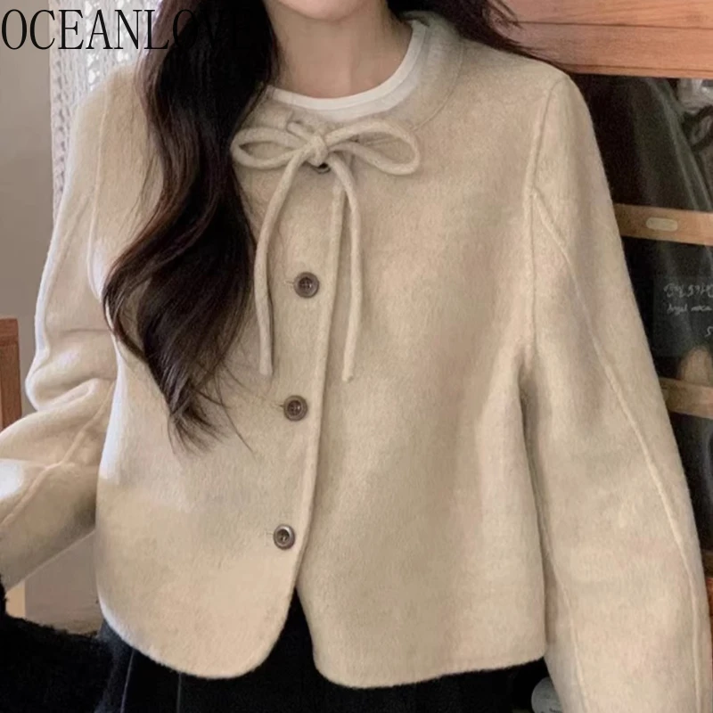 

OCEANLOVE Sweet Bows Woolen Jackets for Woman Solid Autumn Winter Warm Chaquetas Korean Fashion Elegant Short Outwears