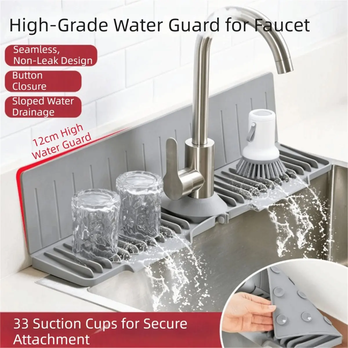 DT38 Fast Self-Draining Silicone Faucet Draining Pad 24 Inch Non-Slip Water Draining Mat Easy Clean Foldable Grey