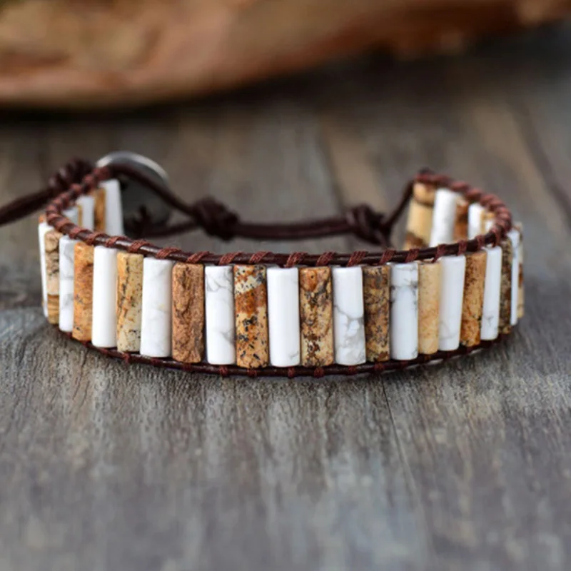 High Fashion Bohemia handgemachte Armreif Jaspis Naturstein Perlen geflochtene Leder Wrap Armband Leder Armband Schmuck