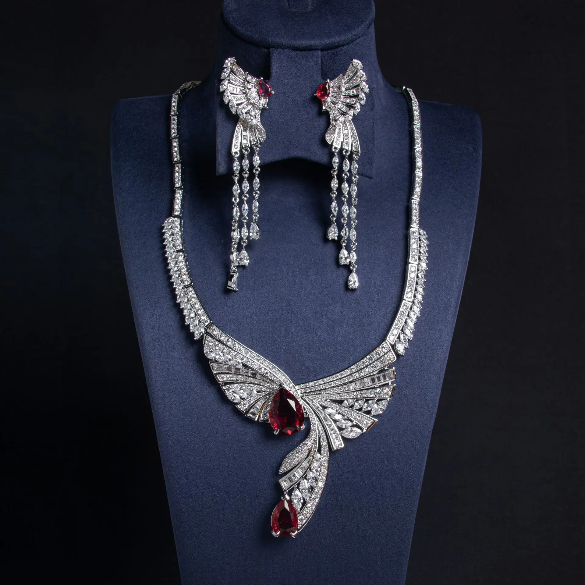 2‑Pcs Jewelry Set Necklace Drop Earrings Wing‑Shaped Pear Cut Blue CZ Crystal Tassel Luxury Statement Banquet Jewelry for Women
