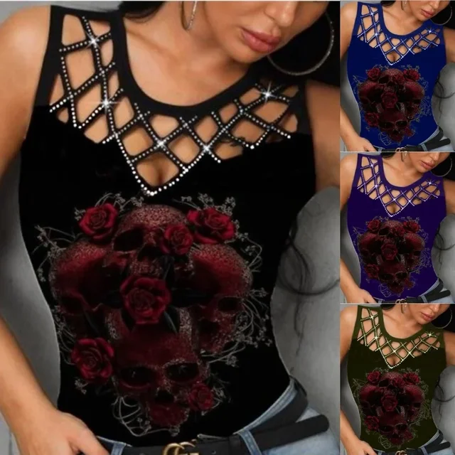 Letnia nowa damska koszulka z kamuflażem bez rękawów z nadrukiem Moda z dekoltem w szpic Seksowna moda Casualowa odzież damska