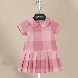 Children Dress New Pink Plaid Turn-Down Collar Kids Clothes Fashion Toddler Baby Girls Clothing Summer Draped Dress Girl1-8Year