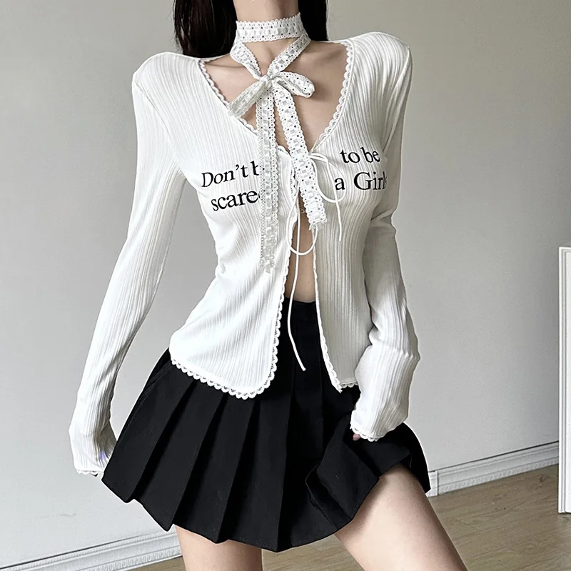 Summer Sexy Women Thin Sunscreen Cardigan Lace-up Knitwear Tops Female Euro-American Short Coat Casual Sun Protected T-shirt y2k