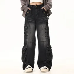 Hi Street Baggy Cargo Jeans Pants Multi Pockets Streetwear Black Denim Trousers For Male