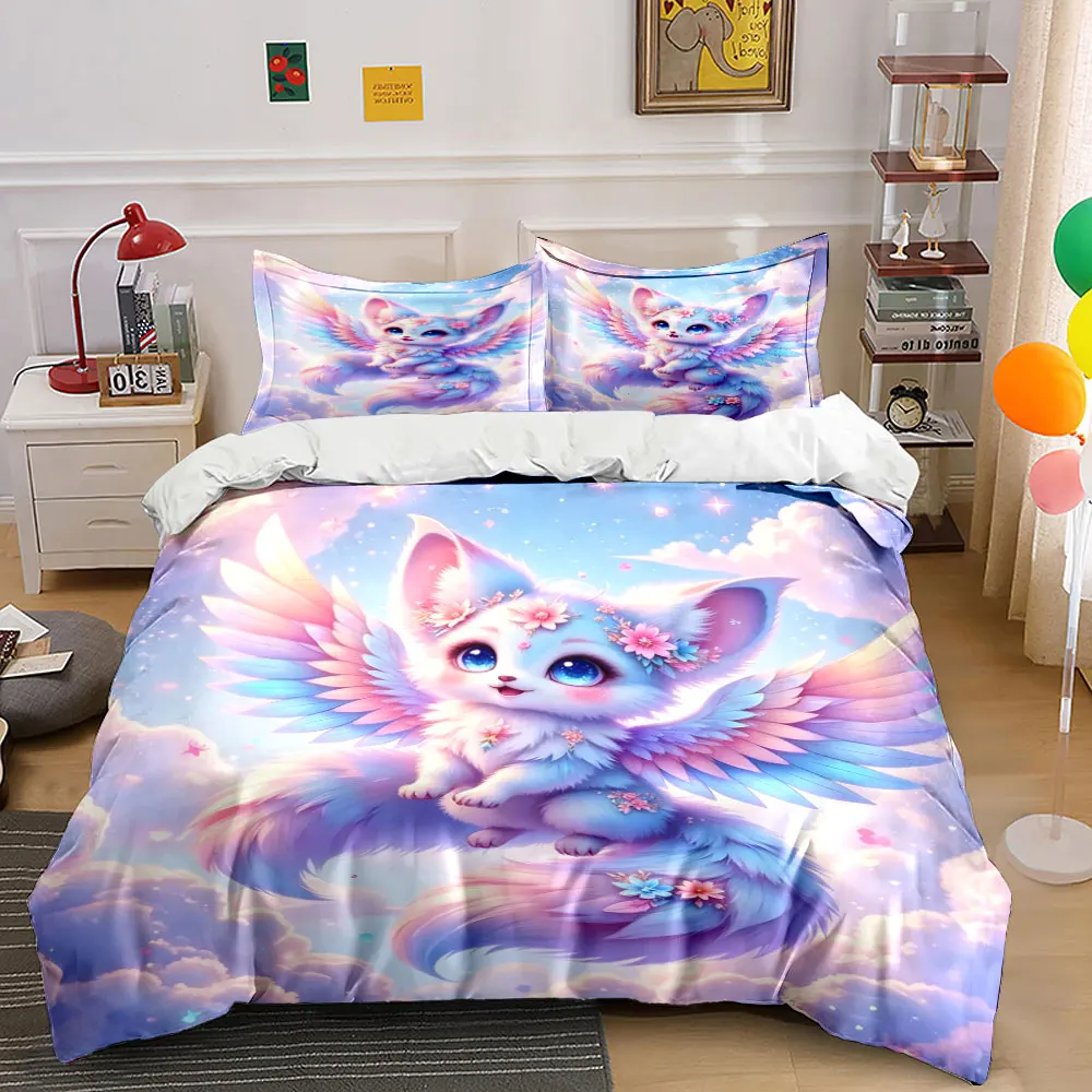 Fantasy Winged Floral Fox Bedding Set for Kids Luxury Gift 3pcs Digital Print Comforter Set Soft Comfortable Breathable