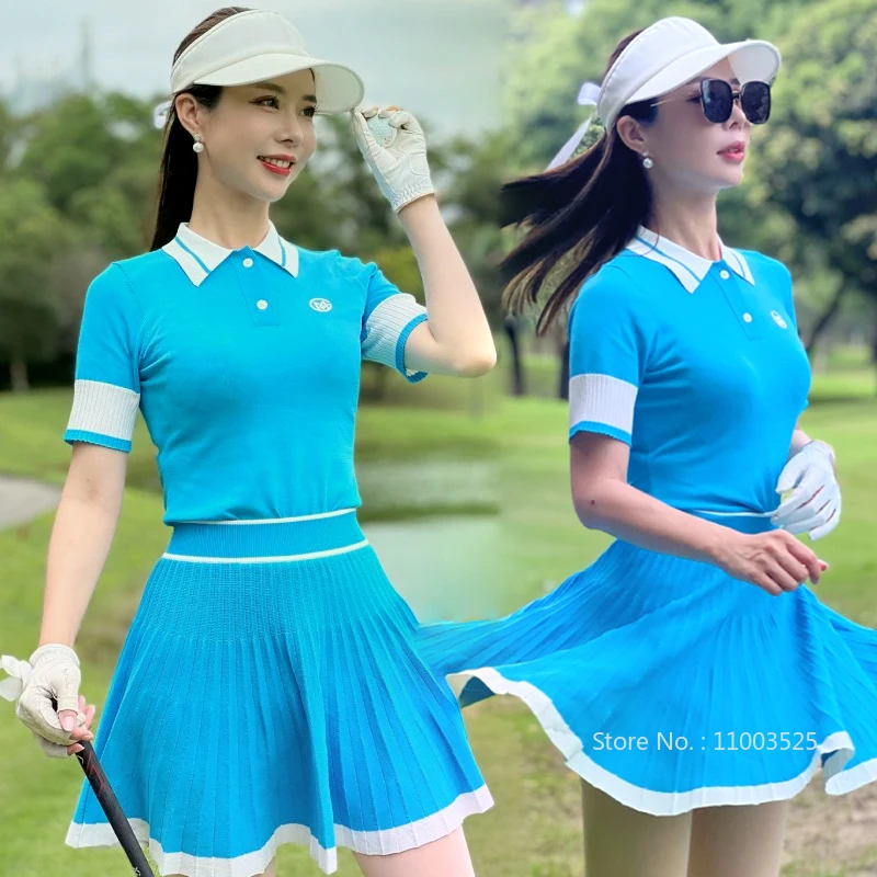 

MG Одежда для гольфа, женский вязаный облегающий топ с короткими рукавами, элегантная рубашка с лацканами, женские плиссированные теннисные шорты для гольфа, шорты с трапециевидной подкладкой