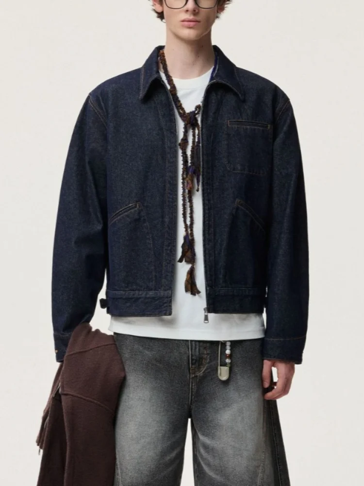 Men's Raw Denim Jacket Short Length Zip Up Jean Coat Lapel Collar Workwear Outerwear Casual Vintage Spring Fall Streetwear