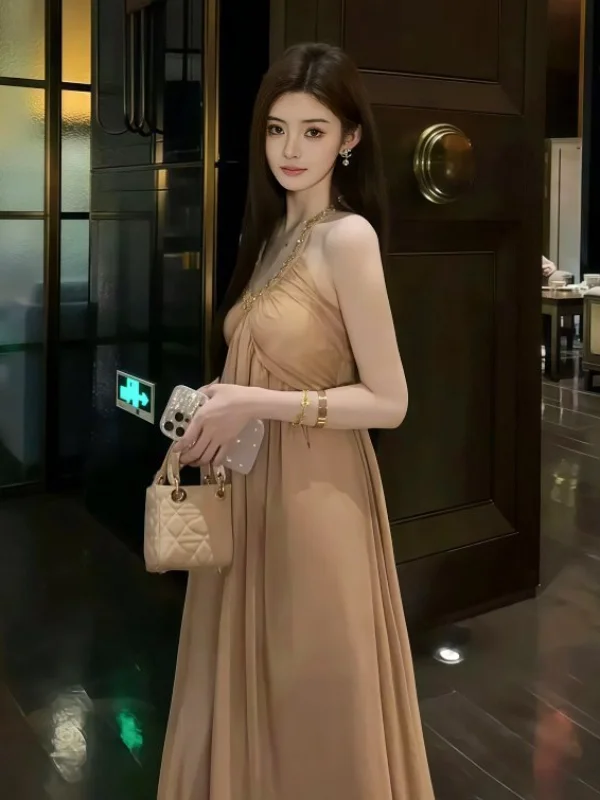 E Vestido Largo con Escote en V y Pedrería, Estilo Veraniego de Lujo para Mujer, Estilo Vacacional, Cintura Alta, Sin ...