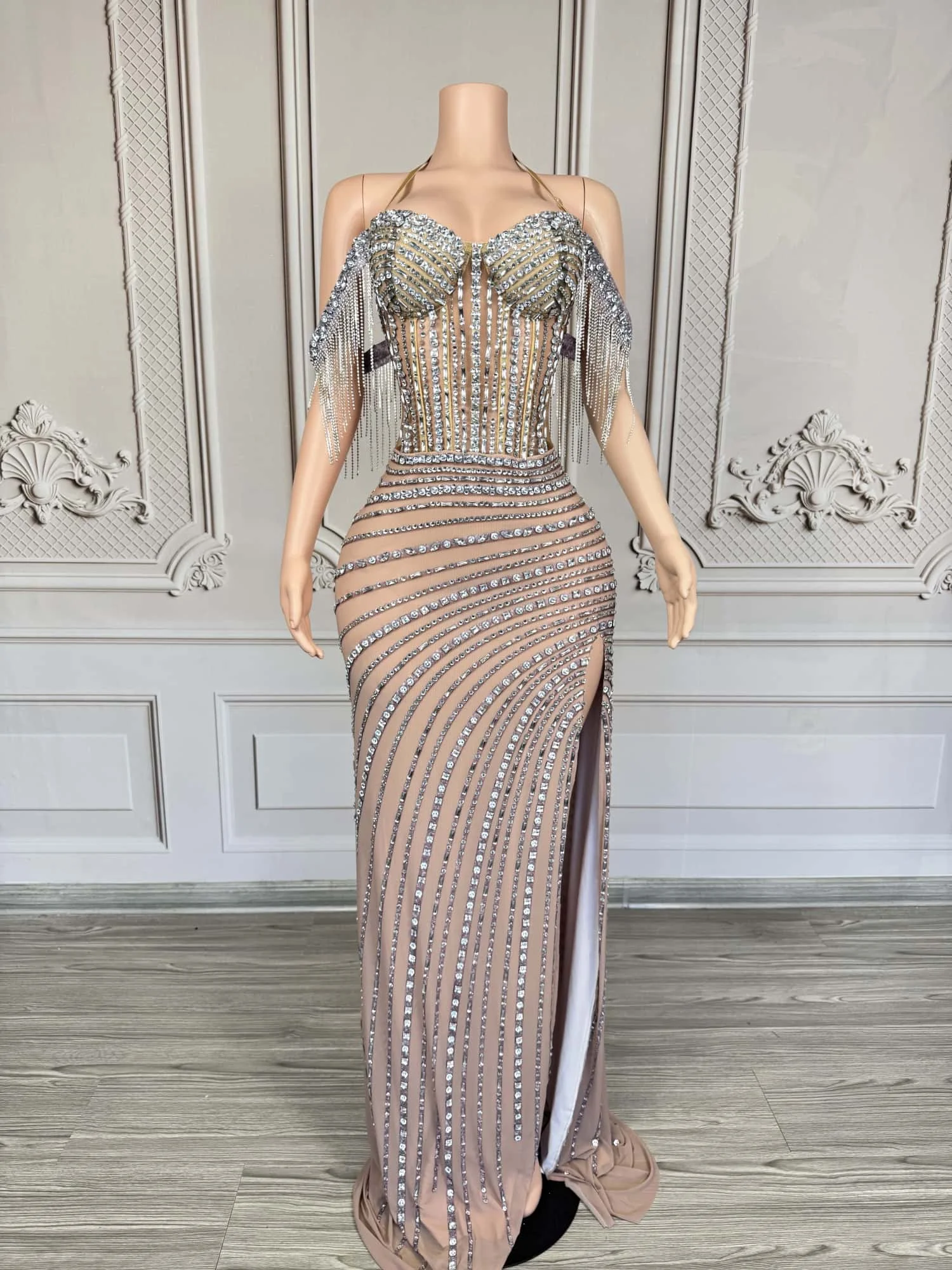 Gorgeous Rhinestone Fashionable Evening Dress Sexy off Shoulder Slit Dress Birthday Wedding Banquet Party Celebrity Dress saidao