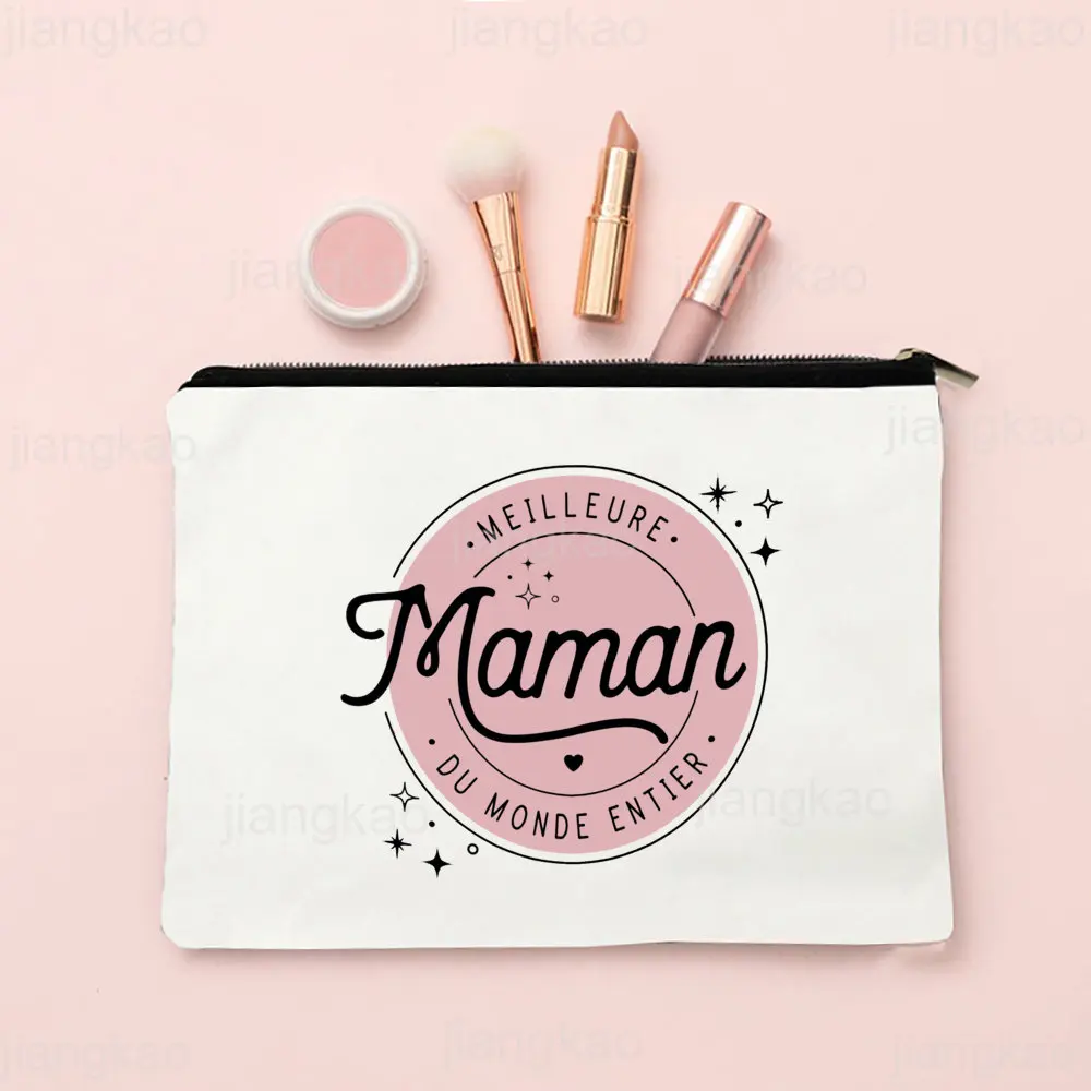 Best Mom In The World French Print Women Cosmetic Bag Travel Makeup Case Toiletry Storage Bags Festive Birthday Gift for Momther