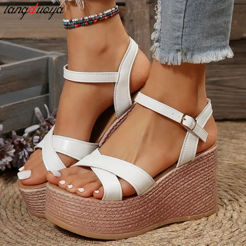 Ankle Buckle Wedge Sandals for Women 2024 Summer Platform Sandal Woman Thick Sole Vacation Beach Shoes Dress party Shoes 43