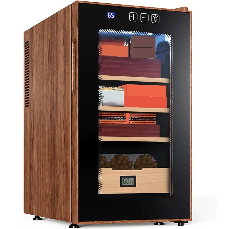 heating and cooling adjustable humidity wooden fiber large display led light electric cigar humidor cabinet