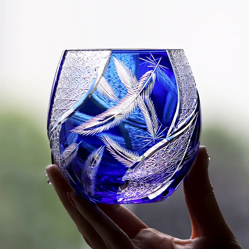 Handmade Edo Kiriko round Curved Rocks Glass Tumbler Colorful Japanese Style Whiskey Glasses with Gift Box for Cocktail Lovers