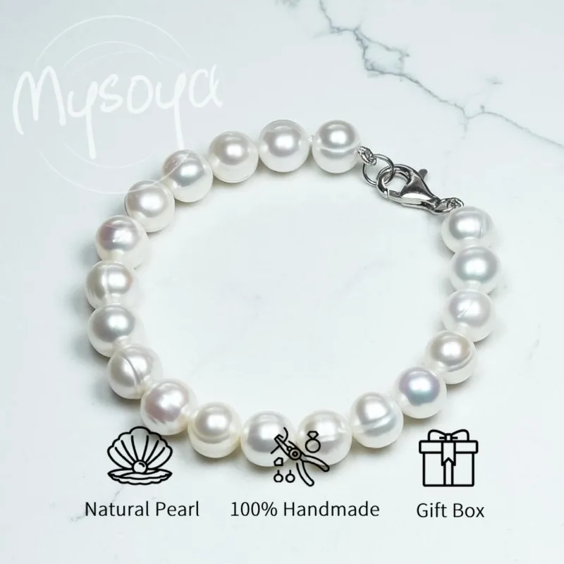 

MYSOYA браслет из белого пресноводного жемчуга 7-8 мм с подарочной коробкой для нее/его дня рождения/свадьбы/Рождества/Нового года/подарок на день Святого Валентина