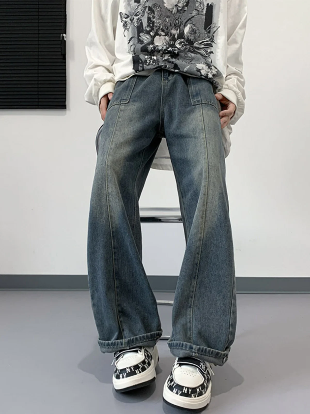 

Fall Men's Straight Leg Jeans Casual Waed Retro Korean Sle Student Faionable Durable Straight Cut Loose Fit Jeans