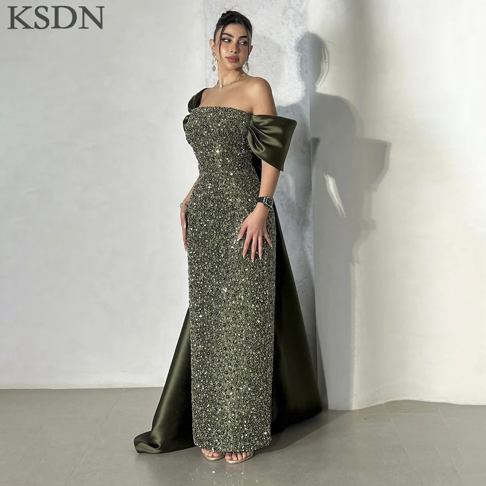 KSDN mode robes de soirée de luxe chapelle Train col carré manches courtes paillettes robes occasion spéciale robe élégante