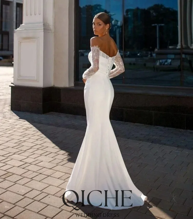 QICHE Lace Long Sleeve Sweetheart Mermaid Wedding Dress Pleat Open Back Off The Shoulder Bridal Gown Vestido De Novia Customized