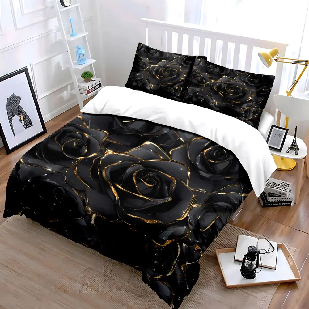 

"Elegant Black Rose Design Set" Ideal for luxury events or decor. Exquisite three-piece bedding set gift for kids and adults