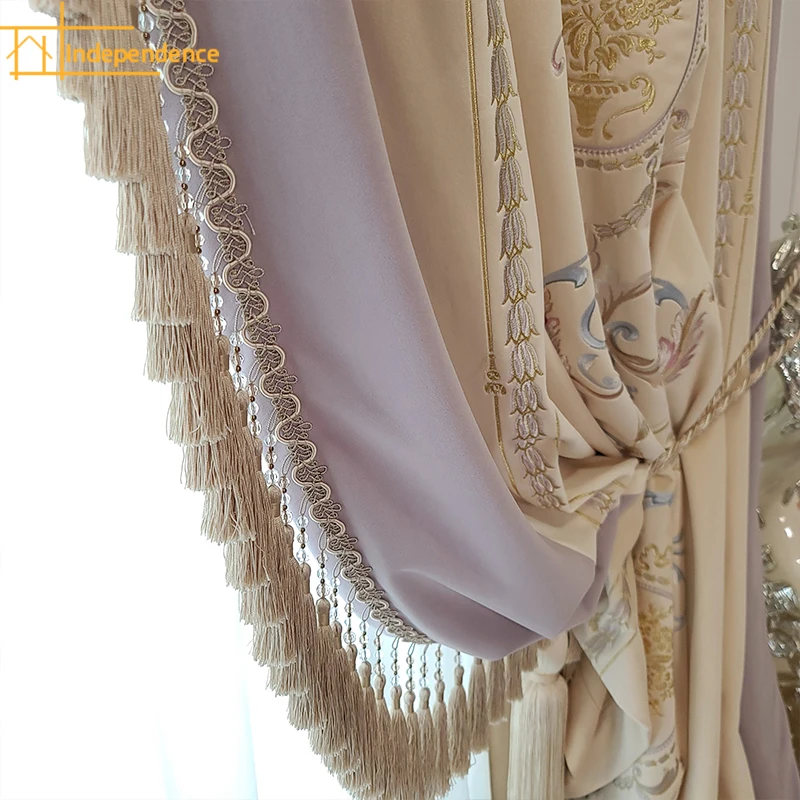 High End Embroidery Purple Romantic Princess Style Velvet Patched Curtains for Bedroom Living Room French Window Customized