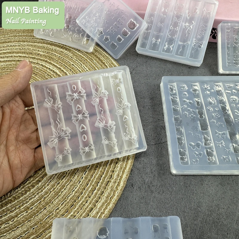 Transparent Manicure Silicone Mold Mail Painting Bow Tie Cartoon Totem Flower Nail Artist Mould Jewelry DIY Handmade Art Tool