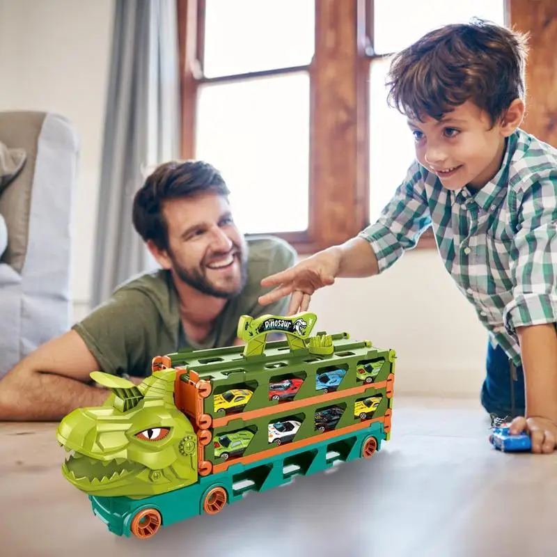 

Dinosaur Race Car Hauler Truck Foldable Dinosaur Toy Truck Transporter With 2 Ejection Race Track Car Hauler Toys for kids