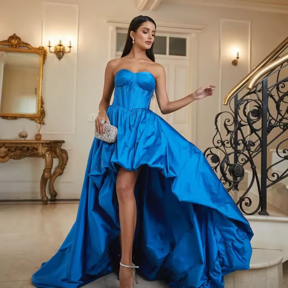 

Customized Blue High low Bubble Prom DressElegant Strapless Zipper Back Long Party Gown Puffy A line Taffeta Evening l Gowns