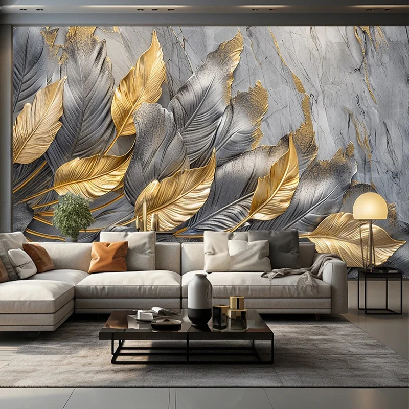 Custom Mural Wallpaper Creative Golden Leaf Feather Fresco Art Wall Painting Living Room Bedroom TV Backdrop Home Decor Poster