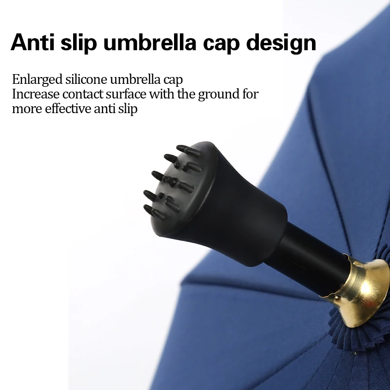 High Quality Navy Solid 16 Bone Long Handle Straight Umbrella Thumb Fully Automatic Business Adult Umbrella