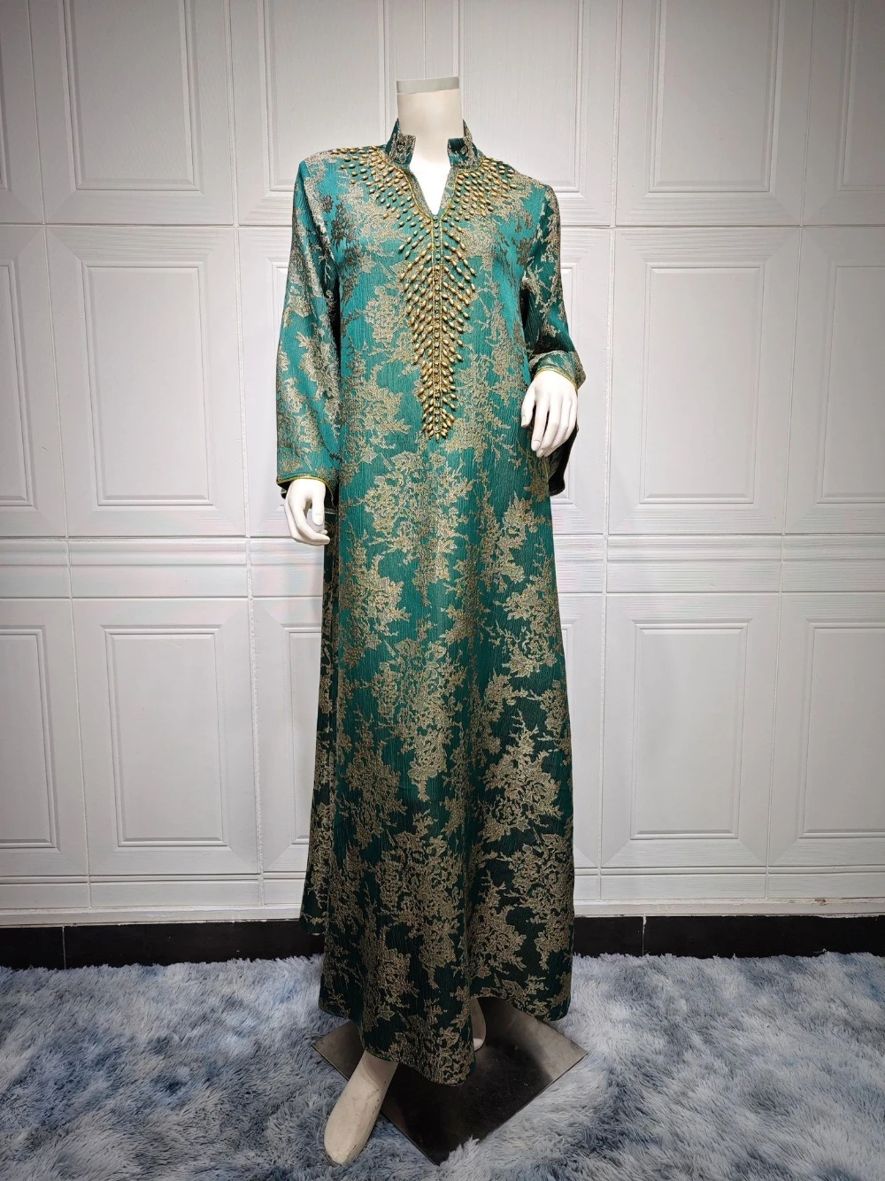 Kaftan Golden Lace Loose Evening Dress, Vintage Stand Collar Muslim Prom Gown, Stylish Beaded Gorgeous Robe, Formal Occasions